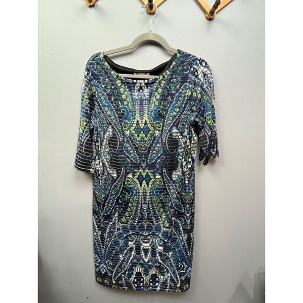 Sandra Darren Dress Womens size 12 blue multi pencil 3/4 sleeves